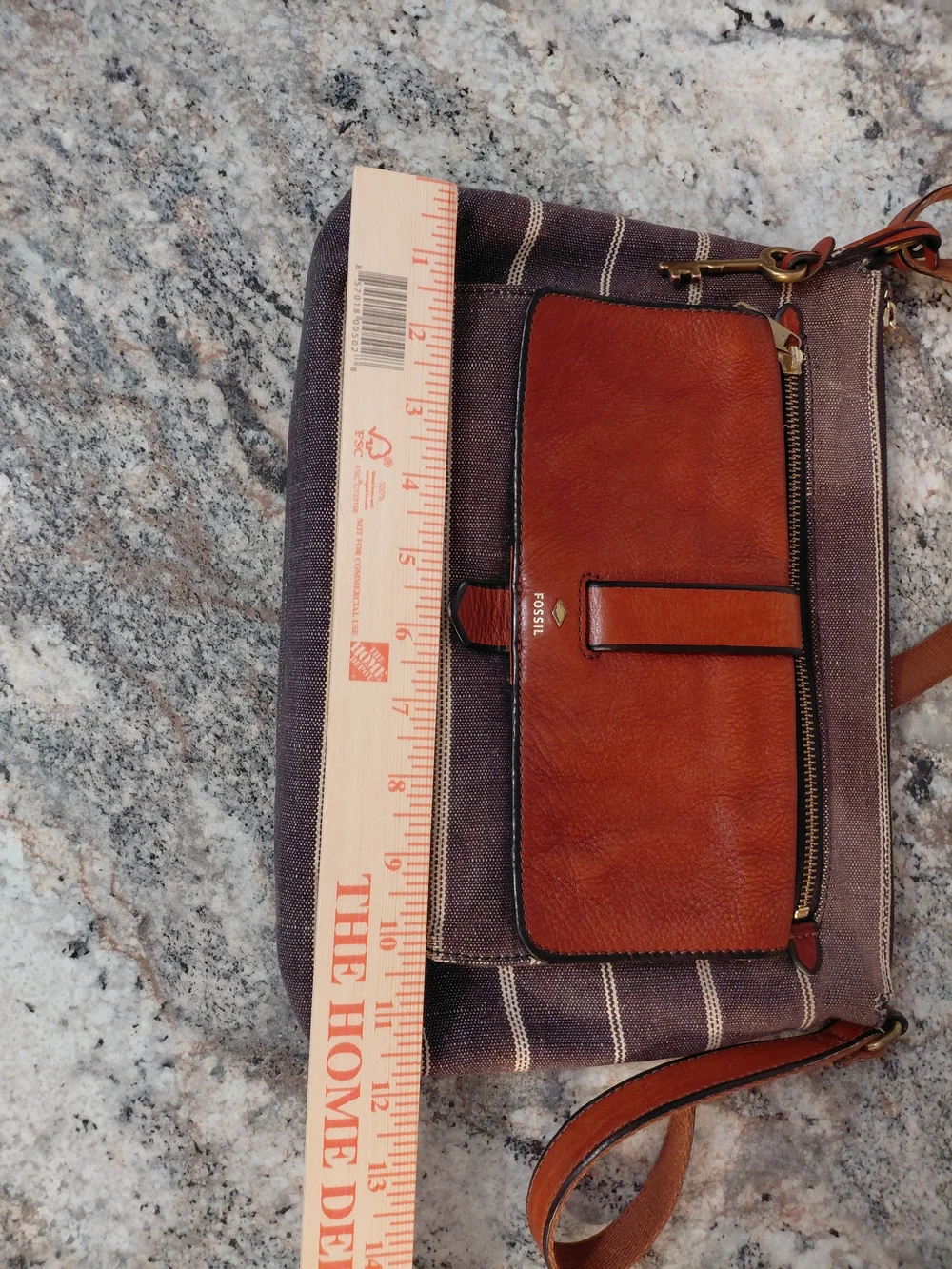 Fossil Women's Kinley Gray Brown Striped Leather & Canvas Crossbody Bag